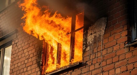 Obraz premium Flames Engulfing a Building Window in Fire
