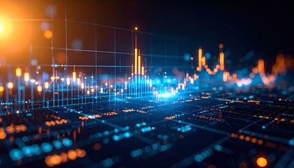 Fototapeta premium Abstract financial chart with rising and falling candlesticks and data visualization for business and technology background