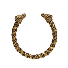 Obraz premium Ancient Viking bronze bracelet featuring intricate dragon head clasps and detailed knotwork for a powerful statement.