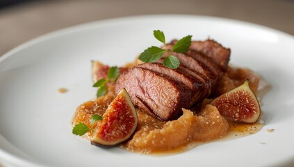 Culinary Composition. Textured Meat, Vibrant Figs, and Delicate Greens on a White Plate.