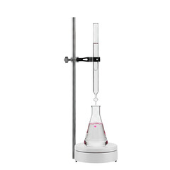 Precise titration experiment with pink liquid changing color in laboratory flask with stand