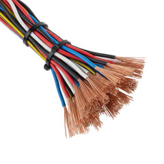 Bundle of colorful electrical wires with exposed copper ends, ready for connection and power solutions.