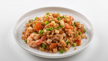 Culinary Delight. A Plate of Fried Rice with Shrimp, Vegetables, and Green Onions.