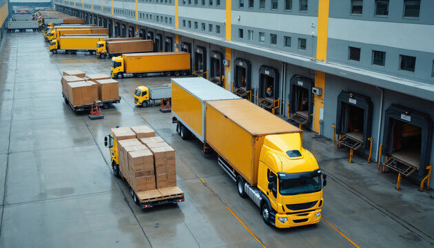 Distribution warehouse busy with loading, unloading operations. Yellow trucks with various capacities positioned at loading docks, facilitating efficient logistics, inventory management. Fleet of