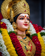 Durga mata portrait with crown and red roses. Mata Durga smiling portrait with soft light. jewelry. Crown.