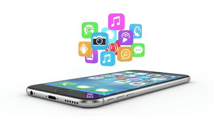 Modern smartphone showcasing app icons floating above a sleek device, ideal for tech promotions and digital lifestyle