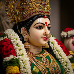 Durga mata portrait with crown and red roses. Mata Durga smiling portrait with soft light. jewelry. Crown.