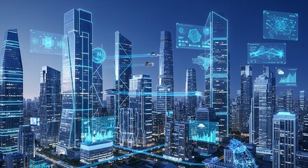 Futuristic city skyline with advanced technology and flying vehicles for next generation transportation concepts