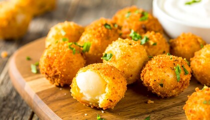 Crispy cheese bites on a wooden board with a creamy sauce