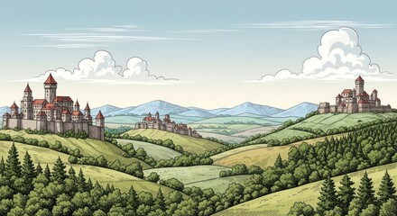 Naklejka premium Fantasy Landscape with Medieval Castles and Rolling Hills