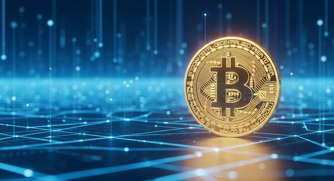 Golden bitcoin cryptocurrency gleaming on blue network background for modern finance technology