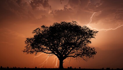 Dramatic Silhouette. A Solitary Tree Under a LightningFilled, Fiery Sky.