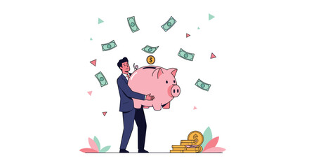 Man happily holding a large piggy bank as money rains down around him showing financial success and savings growth