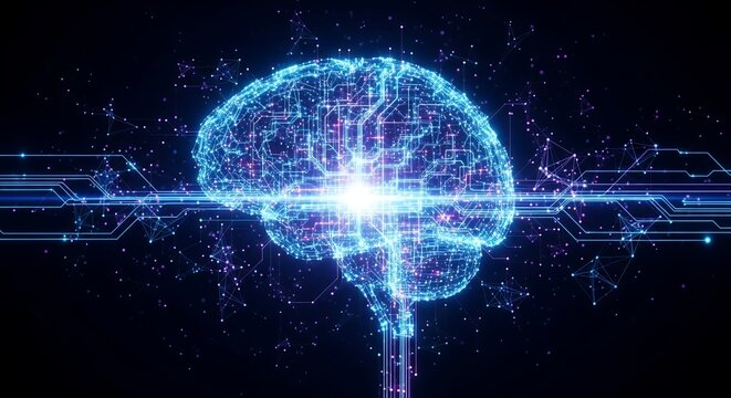 Explore the future of artificial intelligence with this stunning glowing brain network concept for your next project