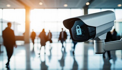 Modern security camera with digital lock icon monitoring a busy public space - advanced surveillance and protection
