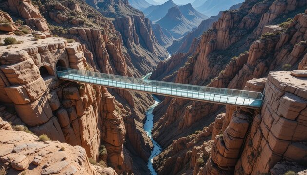 Aerial view of a glass bridge spanning a canyon with a river running through it on a sunny day