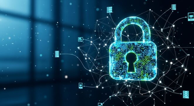 Secure digital world with glowing padlock protecting data network from cyber threats and ensuring online privacy