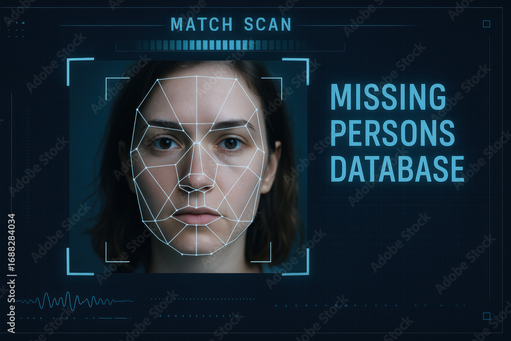 Poster facial recognition technology for social impact helps scan and match missing persons in database usi