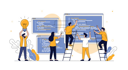 Team of developers collaborating on innovative software development project for business growth and success