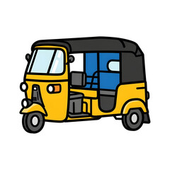 Cartoon Yellow Auto Rickshaw with Black Roof and Blue Interior.