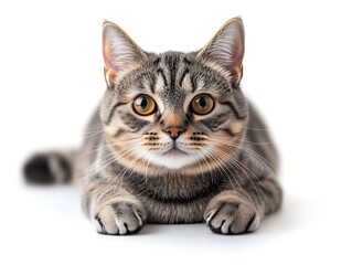 Fototapeta premium Tabby-Patterned Cat Lying Down, Striking Orange-Brown Eyes, Paws Tucked Neatly Under, Clean White Background, Stylish Elegant Feline