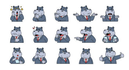Adorable pixel art hippopotamus characters expressing a range of emotions and actions in business attire