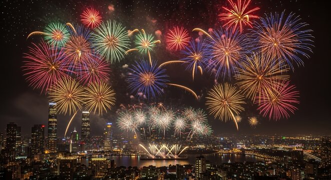 Spectacular fireworks illuminate city skyline creating vibrant celebration for festive holiday event tonight