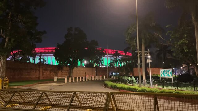 Night shot of old parliament building in New Delhi, India
