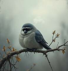 Sad Lonely Bird on Bare Branch Under Gray Sky
