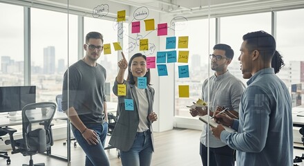 Dynamic diverse team brainstorming innovative ideas in modern office with sticky notes on glass wall