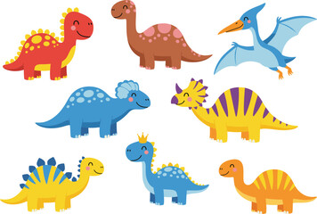 Cute colorful cartoon dinosaurs collection with smiling faces including triceratops, stegosaurus, brontosaurus, pterodactyl, and fantasy dinosaur characters illustration