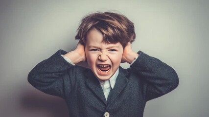 Defiance in Youth: A young boy, his face contorted in a scream, covers his ears, expressing intense emotion. A striking portrayal of the powerful raw energy of youthful rebellion
