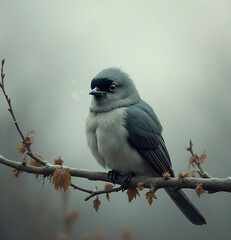 Sad Lonely Bird on Bare Branch Under Gray Sky
