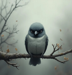 Sad Lonely Bird on Bare Branch Under Gray Sky
