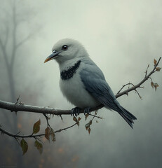Sad Lonely Bird on Bare Branch Under Gray Sky