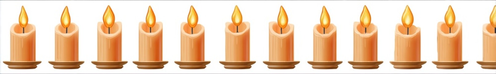 Row of ten lit candles on small brown candle holders