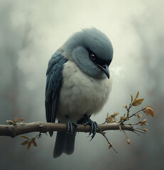 Sad Lonely Bird on Bare Branch Under Gray Sky