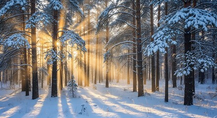 Obraz premium Breathtaking winter wonderland scene with sunlight streaming through snow covered trees in a forest