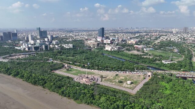 Aerial shot of Dr. Ambedkar park and Noida city aerial view in noida, Uttar Pradesh