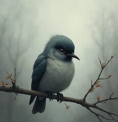 Sad Lonely Bird on Bare Branch Under Gray Sky