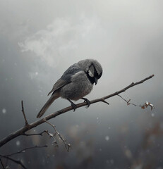 Sad Lonely Bird on Bare Branch Under Gray Sky