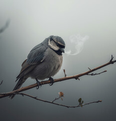 Sad Lonely Bird on Bare Branch Under Gray Sky