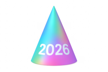 Colorful iridescent cone announcing the year 2026 on transparent background