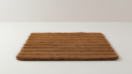 A simple, rectangular doormat with a light brown hue and ribbed texture is presented against a neutral backdrop.