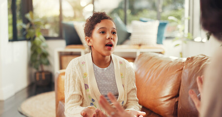Child, talk and mother scolding at house for explaining rules, discipline and disobedience...