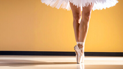 A close-up shot of a ballerina's legs and feet en pointe, with a white tutu visible above. The image is set against a warm yellow wall with soft, dramatic lighting, highlighting the dancer's form.
