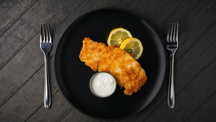 Golden Fried Shape on Dark Plate with Citrus and Condiment Accompaniments.