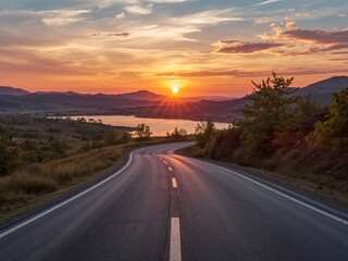 Fototapeta premium Golden Hour Drive, Serene Landscape With Winding Road and Sunset, Calming, Peaceful View.