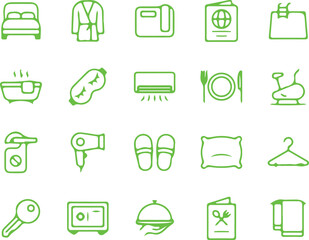 Set of Green Line Icons for Hotel and Hospitality – Vector Outline Symbols for Travel and Accommodation