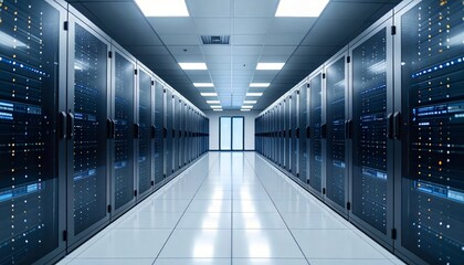 Data center corridor showcases rows of server racks and equipment in a modern, technologically advanced facility with a bright, clean, and secure environment